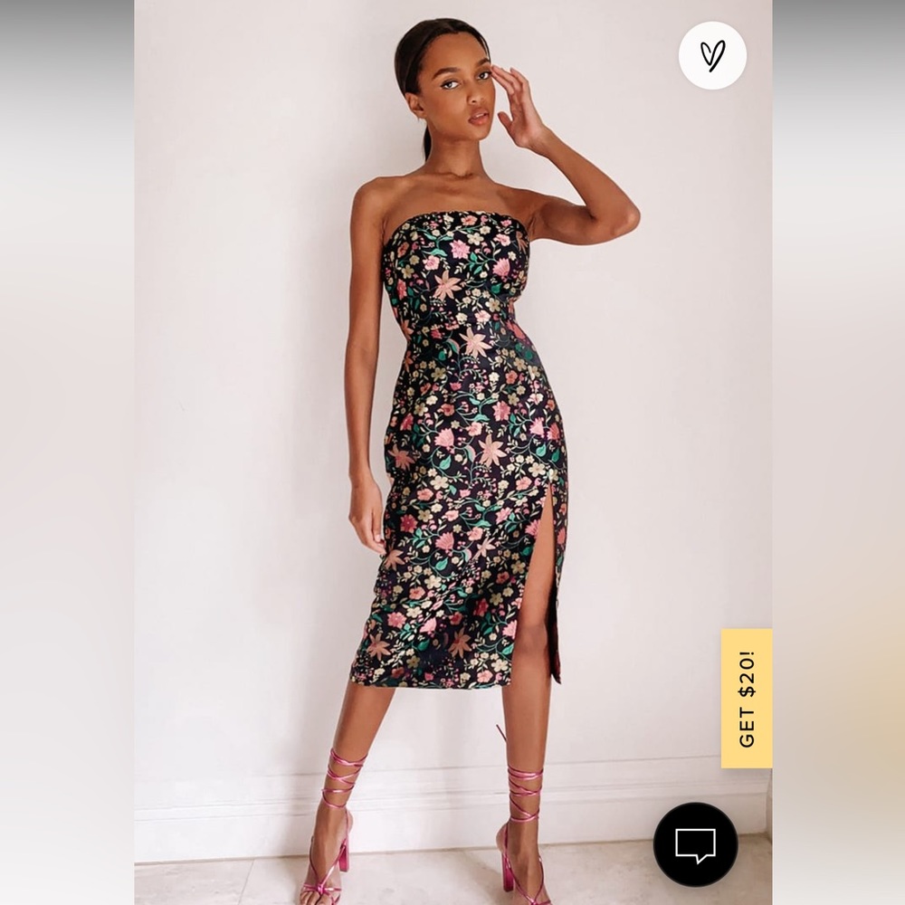 NEW XS Make a Move Black Satin Floral Jacquard Strapless Midi Dress